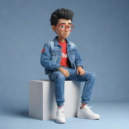 Construct a 3D illustration of an animated character, stylishly dressed in casual fashionable attire like a denim jacket and sneakers, labeled with the phrase 'YouTube', seated on an unspecified object.