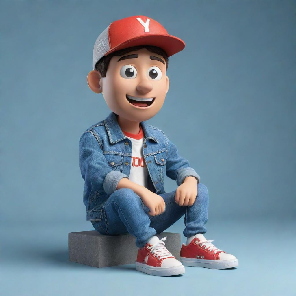 Generate a 3D illustration of an animated character with the phrase 'YouTube'. The character is donning fashionable, casual clothing such as a denim jacket and sneakers, sitting comfortably on an undefined object.