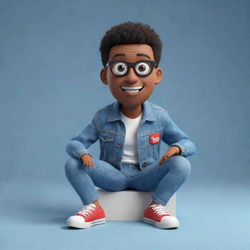 Generate a 3D illustration of an animated character with the phrase 'YouTube'. The character is donning fashionable, casual clothing such as a denim jacket and sneakers, sitting comfortably on an undefined object.