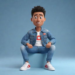 Generate a 3D illustration of an animated character with the phrase 'YouTube'. The character is donning fashionable, casual clothing such as a denim jacket and sneakers, sitting comfortably on an undefined object.