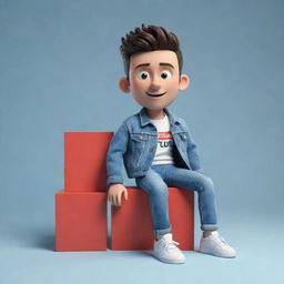 Generate a 3D illustration of an animated character with the phrase 'YouTube'. The character is donning fashionable, casual clothing such as a denim jacket and sneakers, sitting comfortably on an undefined object.