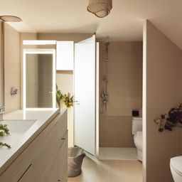 Design a 5.4 cubic meter bathroom with integrated toilet and washing machine, including a discrete partition for the toilet area