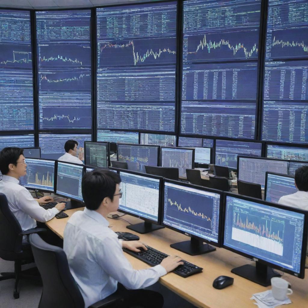 A colorful anime scene representing the fast-paced world of forex trading with vibrant characters analyzing big screens filled with financial charts, set in an ultra-modern Tokyo office.