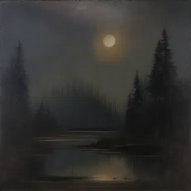 The artist used a blackish-brown color palette to create a moody and mysterious atmosphere in the painting.