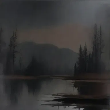 The artist used a blackish-brown color palette to create a moody and mysterious atmosphere in the painting.