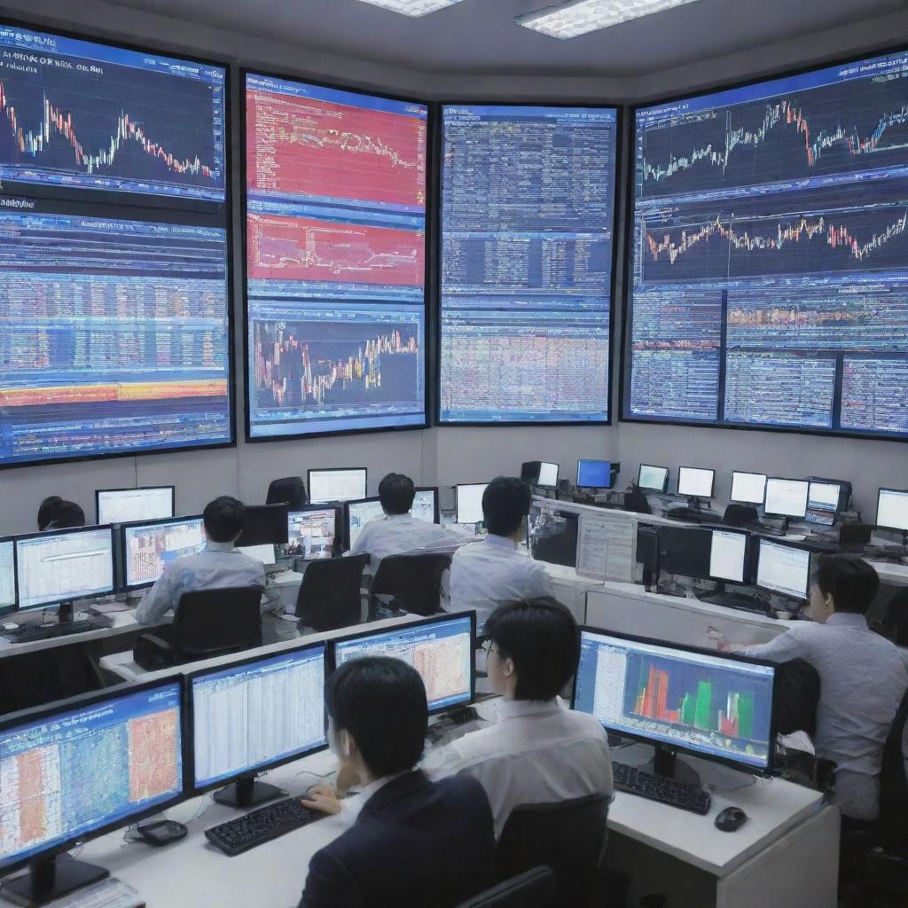 A colorful anime scene representing the fast-paced world of forex trading with vibrant characters analyzing big screens filled with financial charts, set in an ultra-modern Tokyo office.