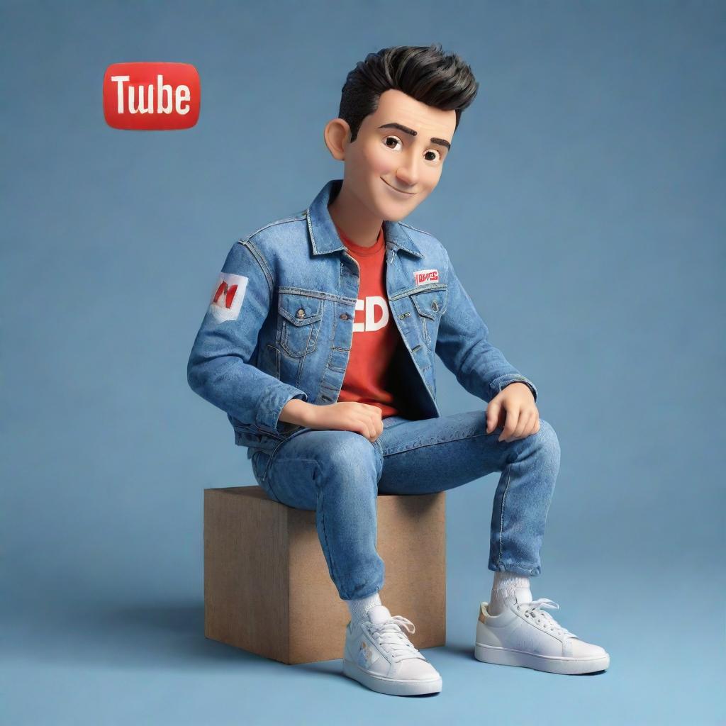 Produce a 3D illustration of a stylish animated character, displaying the 'med kas' logo on their right side, dressed casually in a denim jacket and sneakers. The character is seated on the YouTube logo.