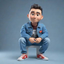 Produce a 3D illustration of a stylish animated character, displaying the 'med kas' logo on their right side, dressed casually in a denim jacket and sneakers. The character is seated on the YouTube logo.