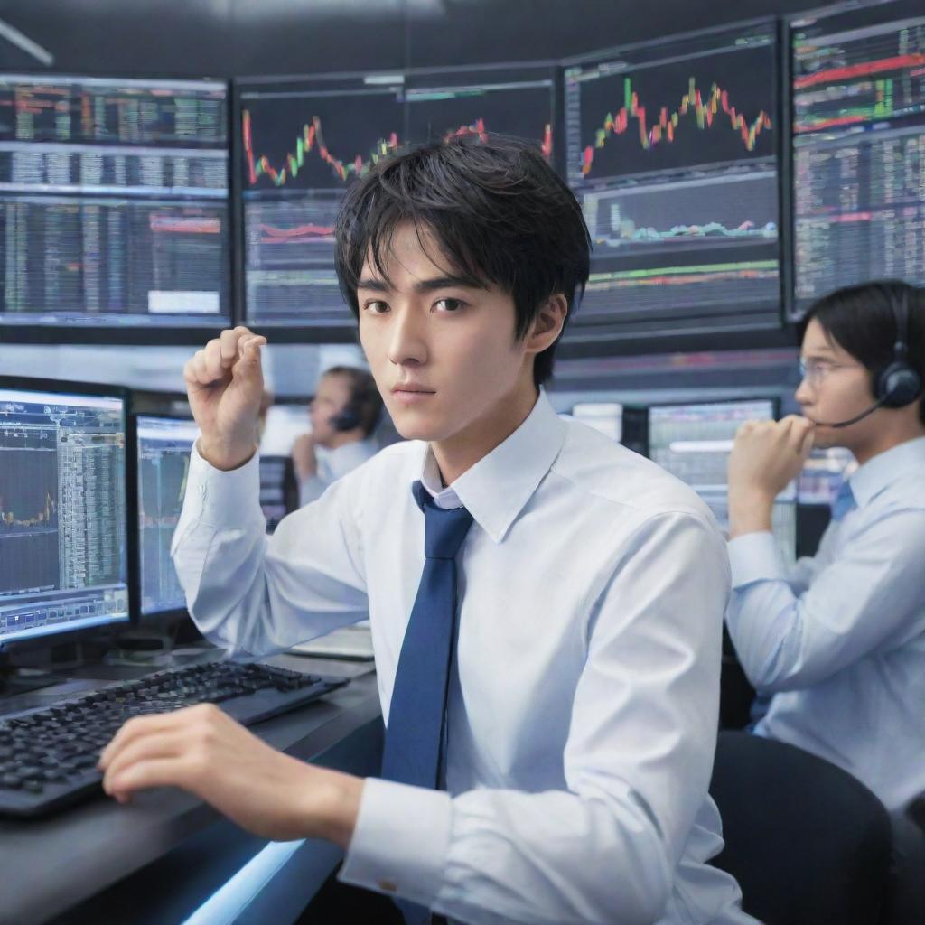 Anime characters actively trading in a forex market, complete with intense expressions, dynamic poses, and bright, technologically advanced trading floor settings surrounded by live financial data.