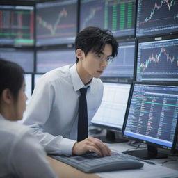 Anime characters actively trading in a forex market, complete with intense expressions, dynamic poses, and bright, technologically advanced trading floor settings surrounded by live financial data.