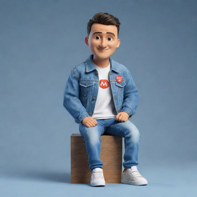 Produce a 3D illustration of a stylish animated character, displaying the 'med kas' logo on their right side, dressed casually in a denim jacket and sneakers. The character is seated on the YouTube logo.