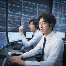 Anime characters actively trading in a forex market, complete with intense expressions, dynamic poses, and bright, technologically advanced trading floor settings surrounded by live financial data.