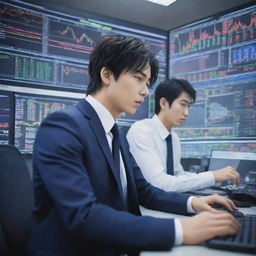 Anime characters actively trading in a forex market, complete with intense expressions, dynamic poses, and bright, technologically advanced trading floor settings surrounded by live financial data.