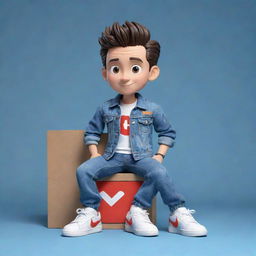 Produce a 3D illustration of a stylish animated character, displaying the 'med kas' logo on their right side, dressed casually in a denim jacket and sneakers. The character is seated on the YouTube logo.