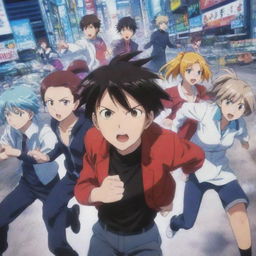 A vivid, dynamic snapshot from a typical anime, showing characters in the midst of action, with their expressive faces, striking outfits, and energy-infused surroundings.