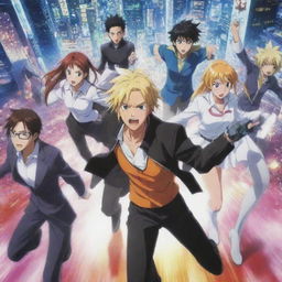 A vivid, dynamic snapshot from a typical anime, showing characters in the midst of action, with their expressive faces, striking outfits, and energy-infused surroundings.