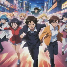 A vivid, dynamic snapshot from a typical anime, showing characters in the midst of action, with their expressive faces, striking outfits, and energy-infused surroundings.