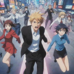 A vivid, dynamic snapshot from a typical anime, showing characters in the midst of action, with their expressive faces, striking outfits, and energy-infused surroundings.