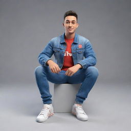 Generate a 3D illustration of a seated, animated character showcasing the YouTube logo. The character is dressed in fashionable casual wear, including a denim jacket and sneakers.