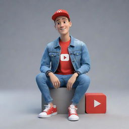 Generate a 3D illustration of a seated, animated character showcasing the YouTube logo. The character is dressed in fashionable casual wear, including a denim jacket and sneakers.