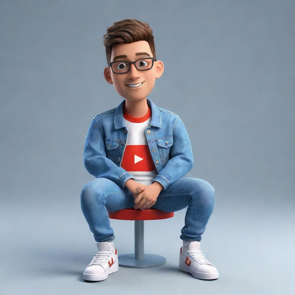 Generate a 3D illustration of a seated, animated character showcasing the YouTube logo. The character is dressed in fashionable casual wear, including a denim jacket and sneakers.