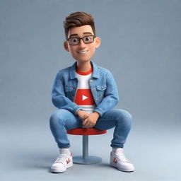 Generate a 3D illustration of a seated, animated character showcasing the YouTube logo. The character is dressed in fashionable casual wear, including a denim jacket and sneakers.