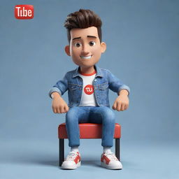 Generate a 3D illustration of a seated, animated character showcasing the YouTube logo. The character is dressed in fashionable casual wear, including a denim jacket and sneakers.