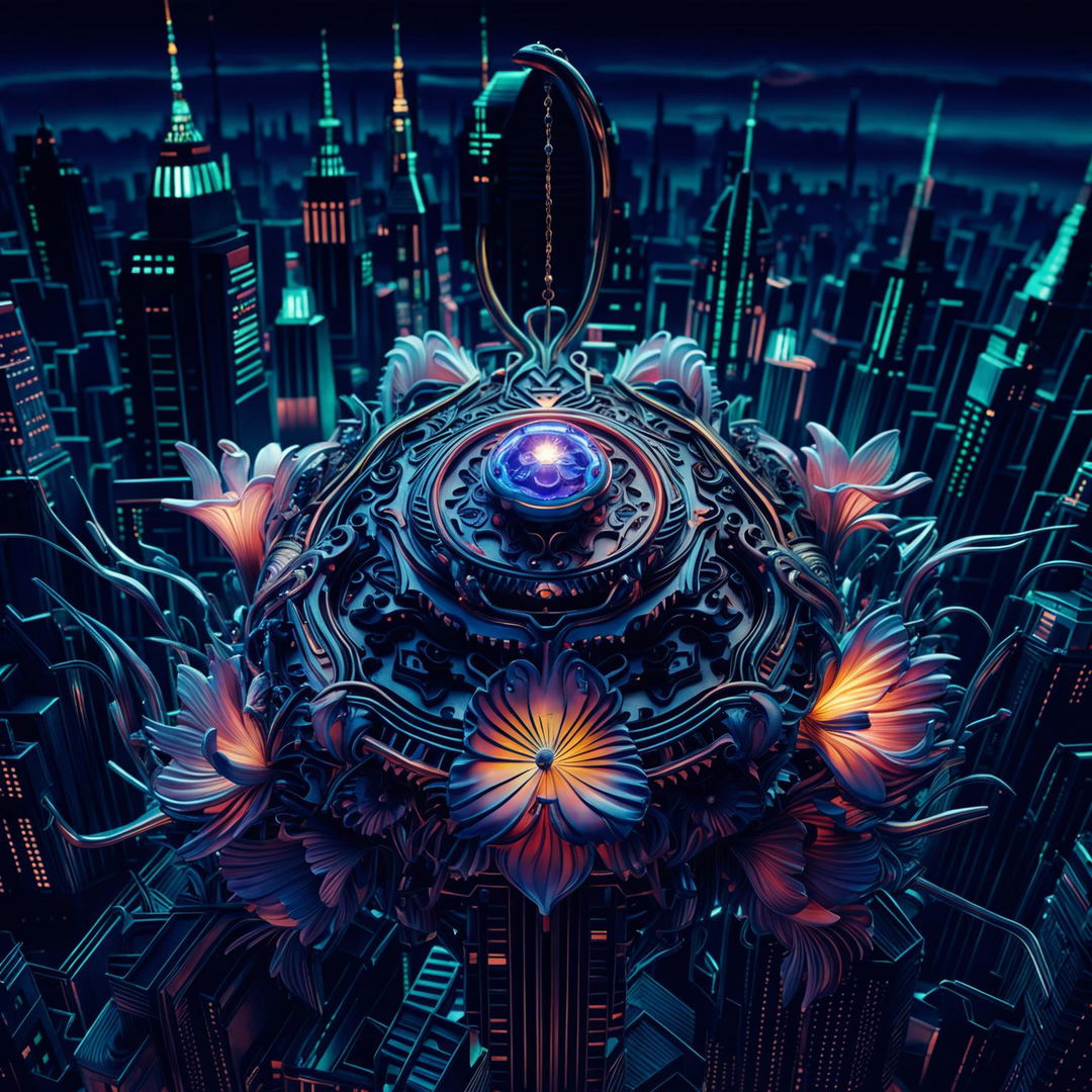 A hyper-realistic 3D photograph featuring a rococo-inspired, cyberpunk scene with a glowing, mechanical amulet of light at its center. The scene is filled with vibrant, mechanical flowers and set against a futuristic cityscape. The image has an eerie, fantastical vibe.