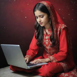 A young, fashionable girl engrossed in laptop work, dressed in a striking red shalwar kameez, set against a dramatic starlit background. The name 'SHINU PARI' is prominently displayed for a breathtaking effect.