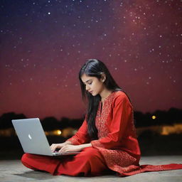 A young, fashionable girl engrossed in laptop work, dressed in a striking red shalwar kameez, set against a dramatic starlit background. The name 'SHINU PARI' is prominently displayed for a breathtaking effect.