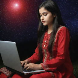 A young, fashionable girl engrossed in laptop work, dressed in a striking red shalwar kameez, set against a dramatic starlit background. The name 'SHINU PARI' is prominently displayed for a breathtaking effect.