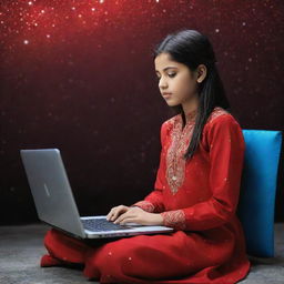 A young, fashionable girl engrossed in laptop work, dressed in a striking red shalwar kameez, set against a dramatic starlit background. The name 'SHINU PARI' is prominently displayed for a breathtaking effect.