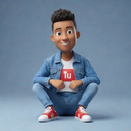 Create a 3D illustration of an animated character displaying the YouTube logo. The character is stylishly dressed in casual attire, featuring a denim jacket and sneakers, and is comfortably seated.