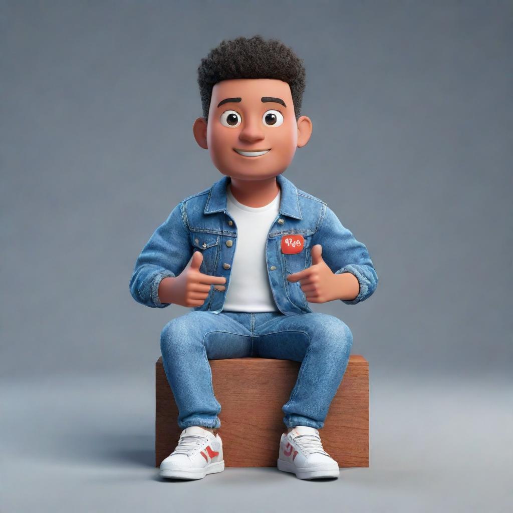 Create a 3D illustration of an animated character displaying the YouTube logo. The character is stylishly dressed in casual attire, featuring a denim jacket and sneakers, and is comfortably seated.