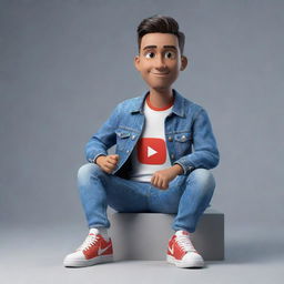 Create a 3D illustration of an animated character displaying the YouTube logo. The character is stylishly dressed in casual attire, featuring a denim jacket and sneakers, and is comfortably seated.