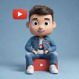 Create a 3D illustration of an animated character displaying the YouTube logo. The character is stylishly dressed in casual attire, featuring a denim jacket and sneakers, and is comfortably seated.