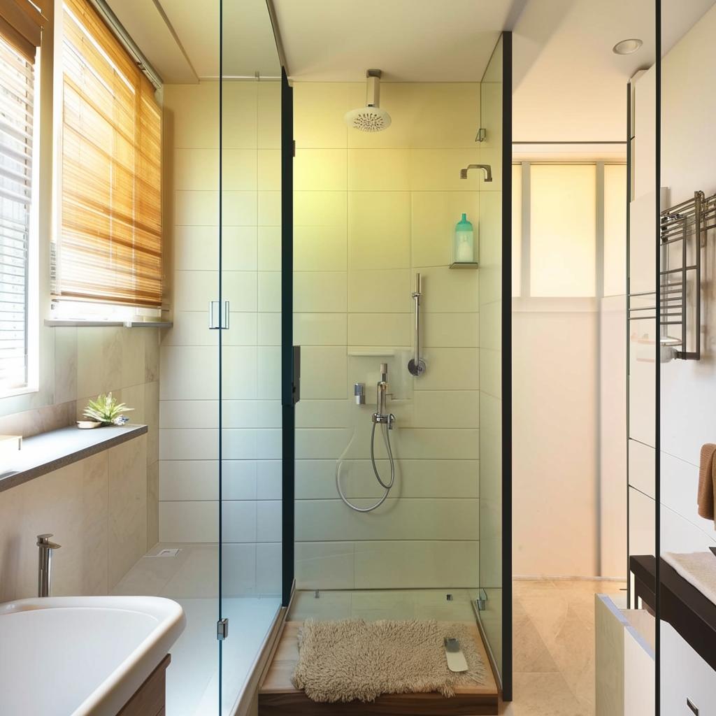 Compact 5.4 cubic meter bathroom layout, featuring toilet, washing machine, separate shower area with glass partition, modern amenities