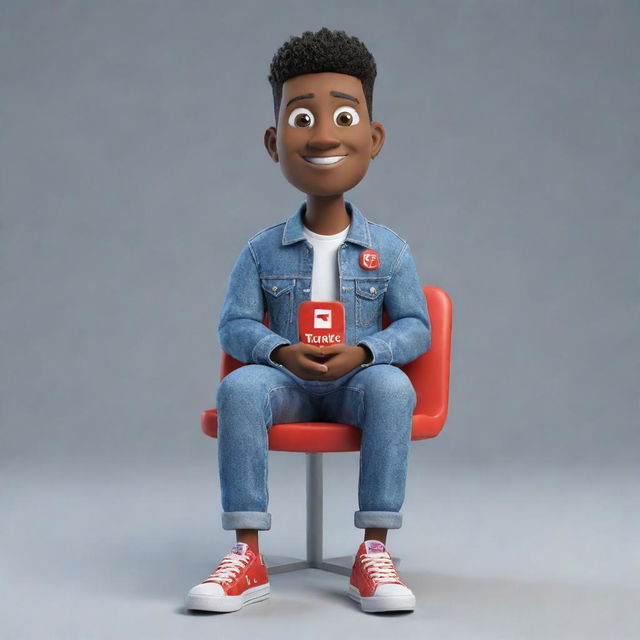 Generate a 3D illustration of a seated, animated character holding the 'YouTube' logo. The character is dressed in modern casual attire, such as a denim jacket and sneakers.