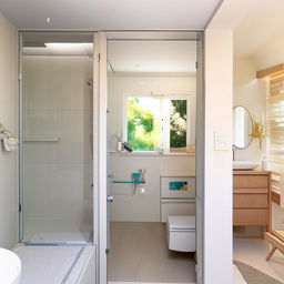 Compact 5.4 cubic meter bathroom layout, featuring toilet, washing machine, separate shower area with glass partition, modern amenities