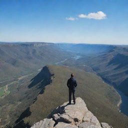 A man standing on top of a cliff, with an expansive view of the terrain below, showing the vast panorama behind him under a clear sky.