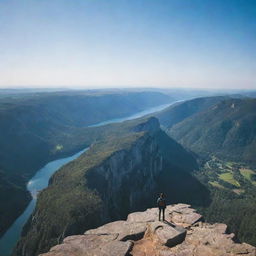 A man standing on top of a cliff, with an expansive view of the terrain below, showing the vast panorama behind him under a clear sky.