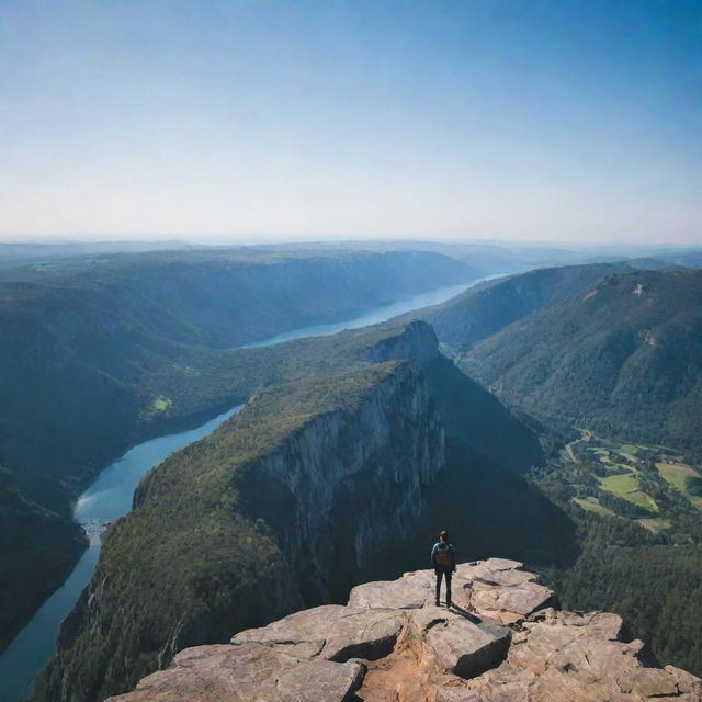 A man standing on top of a cliff, with an expansive view of the terrain below, showing the vast panorama behind him under a clear sky.