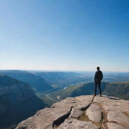 A man standing on top of a cliff, with an expansive view of the terrain below, showing the vast panorama behind him under a clear sky.