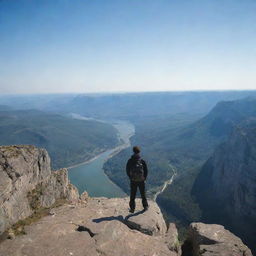 A man standing on top of a cliff, with an expansive view of the terrain below, showing the vast panorama behind him under a clear sky.