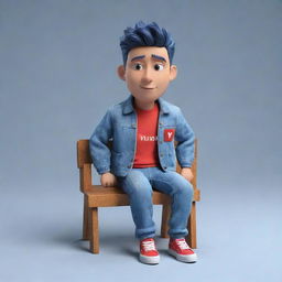 Produce a 3D illustration of an animated character displaying the 'YouTube' icon. The character, dressed in modern casual attire like a denim jacket and sneakers, is seated.