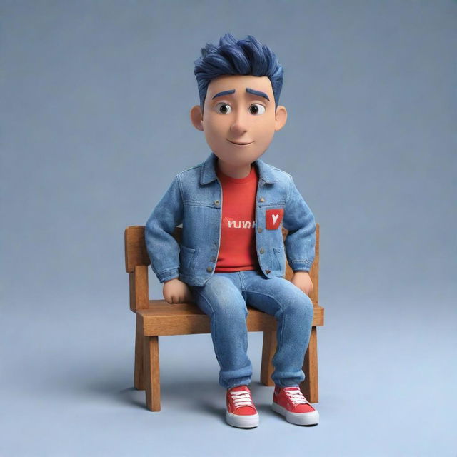 Produce a 3D illustration of an animated character displaying the 'YouTube' icon. The character, dressed in modern casual attire like a denim jacket and sneakers, is seated.