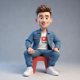 Produce a 3D illustration of an animated character displaying the 'YouTube' icon. The character, dressed in modern casual attire like a denim jacket and sneakers, is seated.