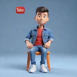 Produce a 3D illustration of an animated character displaying the 'YouTube' icon. The character, dressed in modern casual attire like a denim jacket and sneakers, is seated.