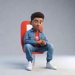 Produce a 3D illustration of an animated character displaying the 'YouTube' icon. The character, dressed in modern casual attire like a denim jacket and sneakers, is seated.