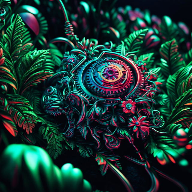 Close-up of a rococo-inspired robotic amulet in a vibrant, mechanical forest, captured in a hyper-realistic 3D photograph with fantasy and future aesthetics.